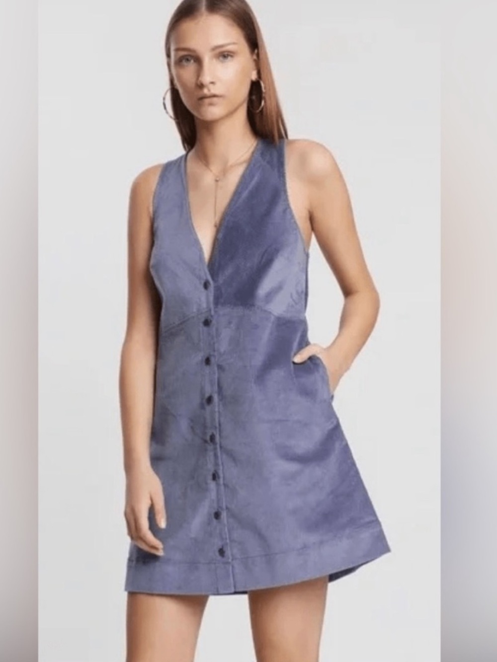 Free People Rolling Thunder Corduroy Dress V-Neck Button Up Retro 70s Vibe - Picture 2 of 7